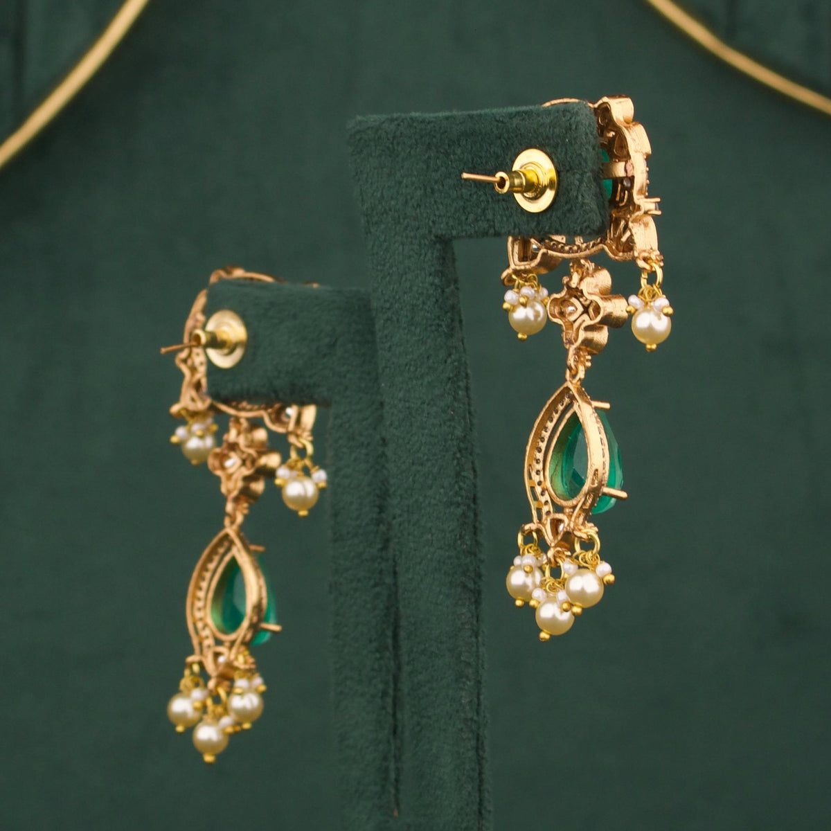 Elegant Emerald Victorian Necklace With Pearl Drops And Matching Earrings Styling Angle View 5 - Dulhan Jewels