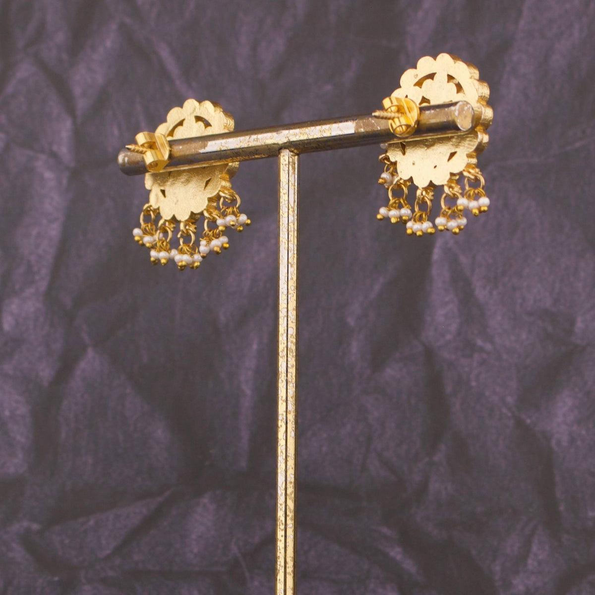 Gold Style Jadau Kundan Stud Earrings Craftsmanship & Detail View - Dulhan Jewels