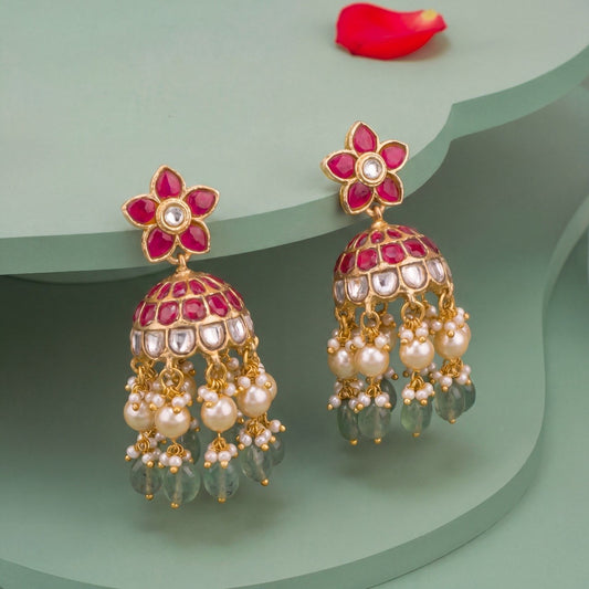 Floral Studded Jadau Kundan Jhumki With Pearl & Beads Hanging