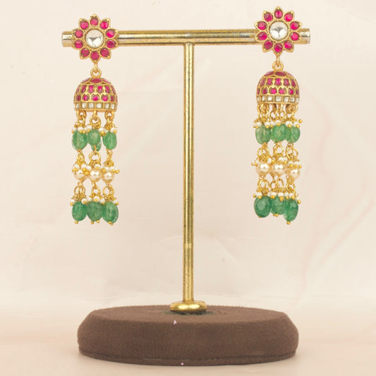 Jadau Kundan Jhumki In Floral Design With Swarovski Pearls Hanging