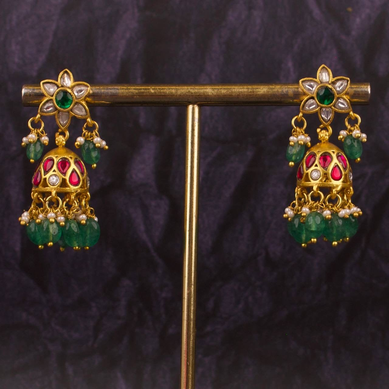 Floral Studded Sleek Jadau Kundan Jhumki Earrings