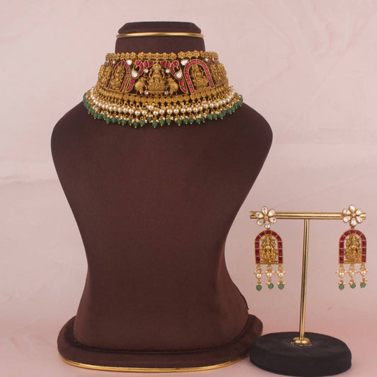 Divine Lakshmi Devi Nakshi x Kundan Choker Set With Matching Earrings