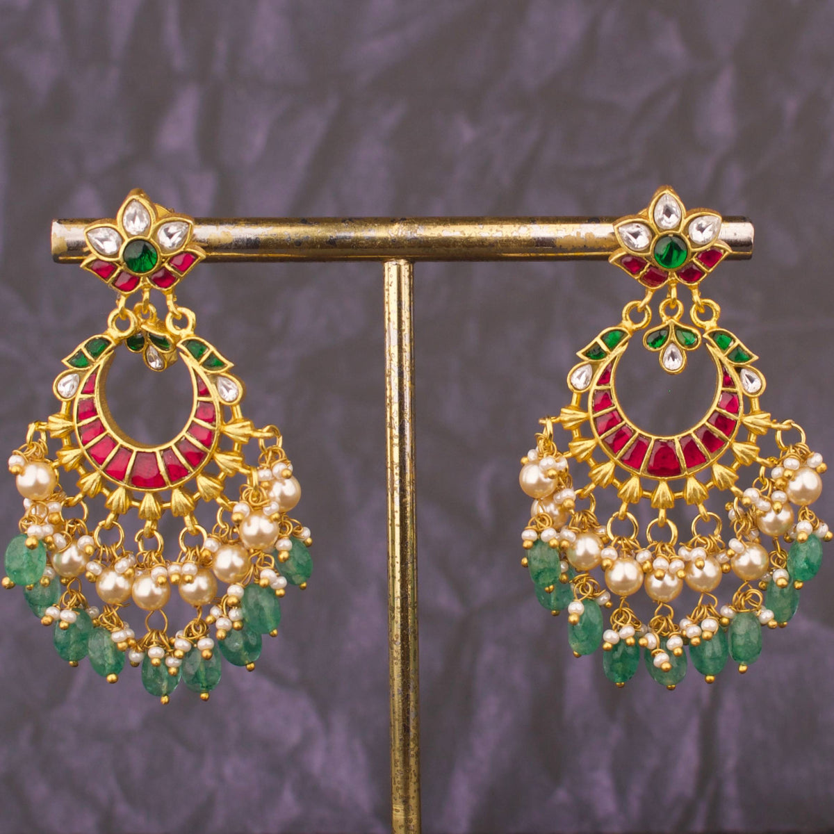 Floral Studded Jadau Kundan Chandbali Earrings With Pearl & Beads As Droplets
