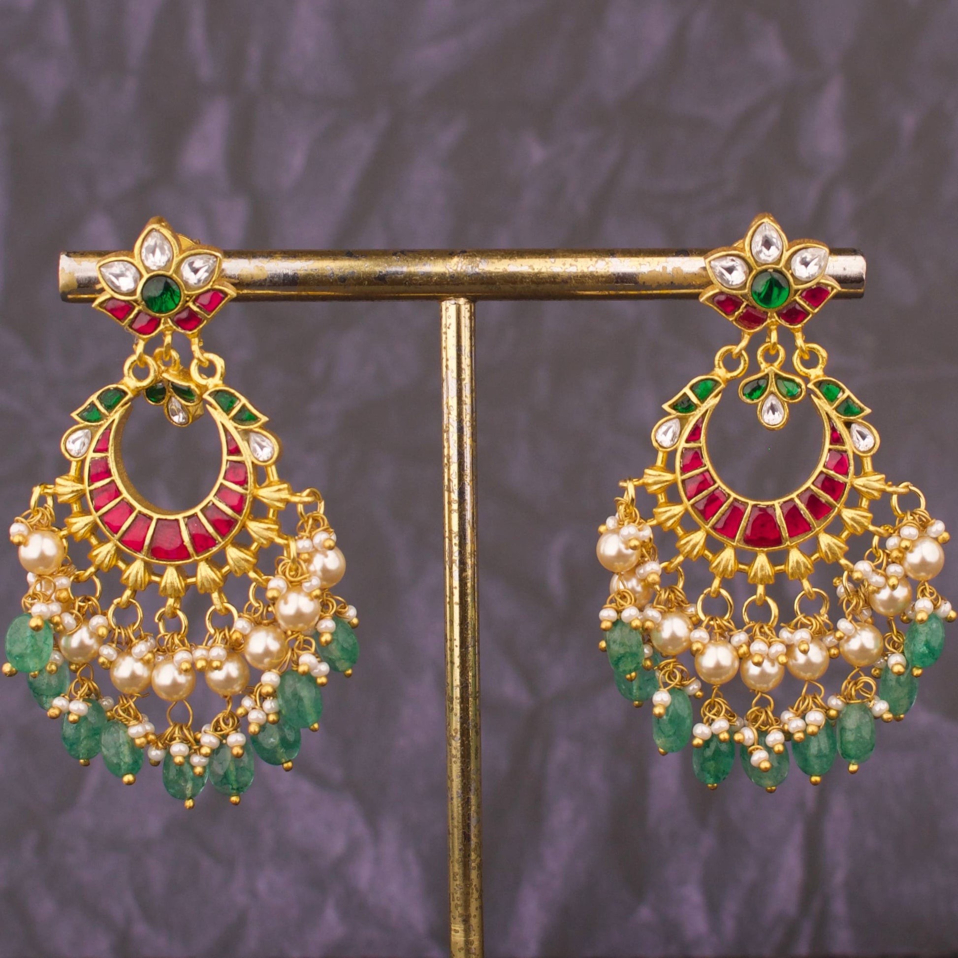 Floral Studded Jadau Kundan Chandbali Earrings With Pearl & Beads As Droplets