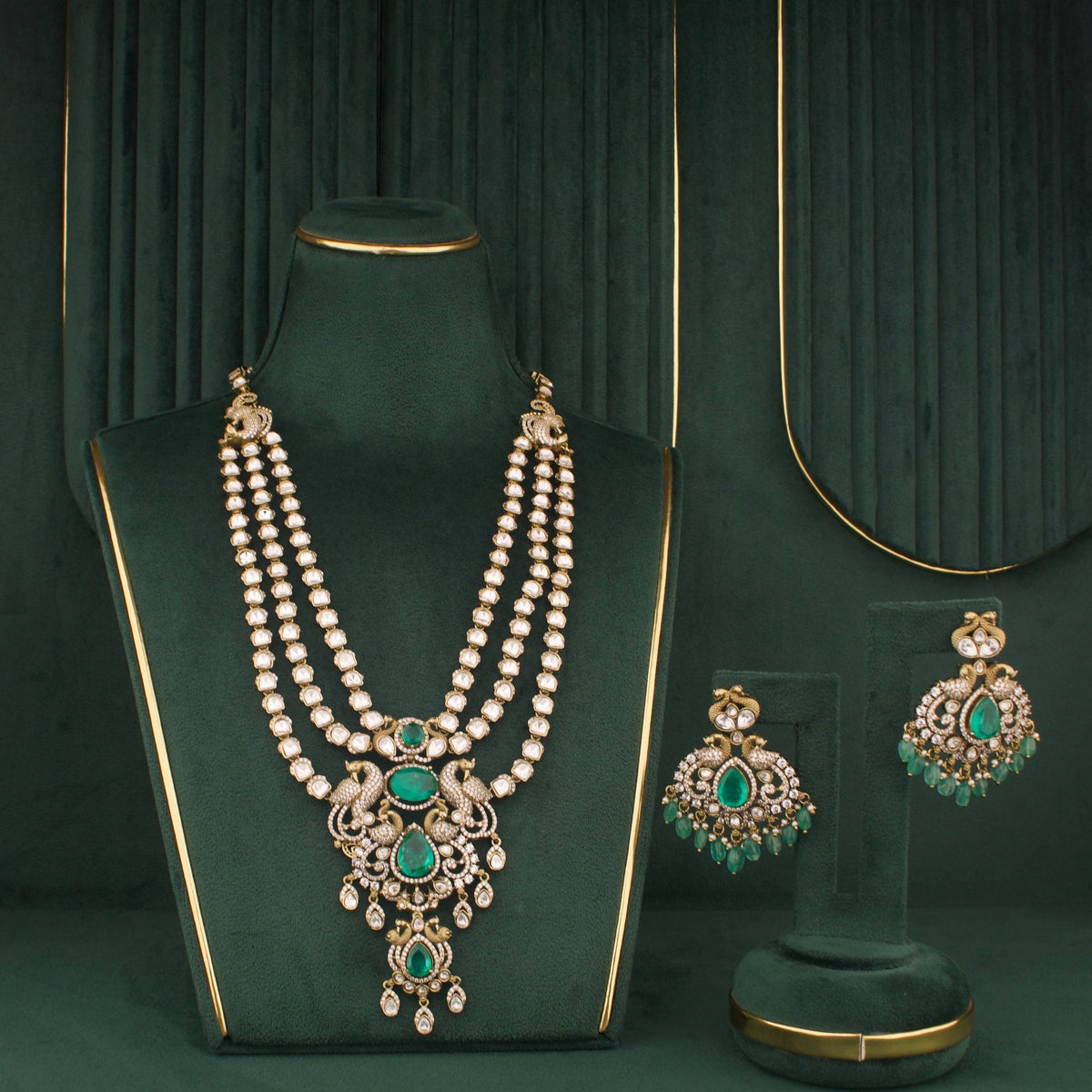 Luxury Victorian Polki Necklace Set With Peacock Motifs And Matching Earrings - Handcrafted Indian Bridal Jewelry by Dulhan Jewels