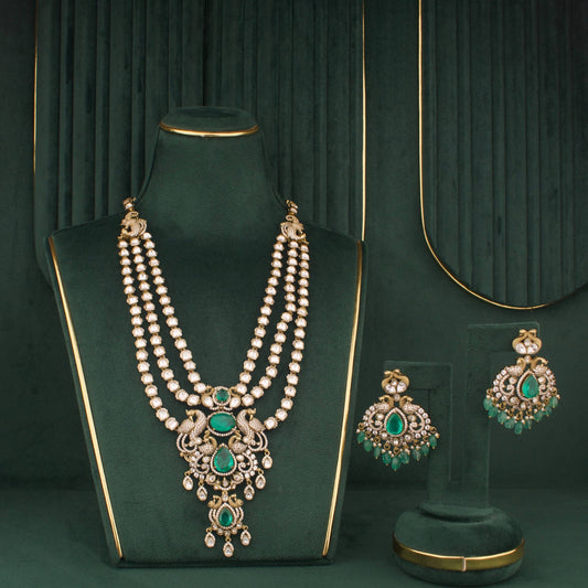 Luxury Victorian Polki Necklace Set With Peacock Motifs And Matching Earrings - Handcrafted Indian Bridal Jewelry by Dulhan Jewels