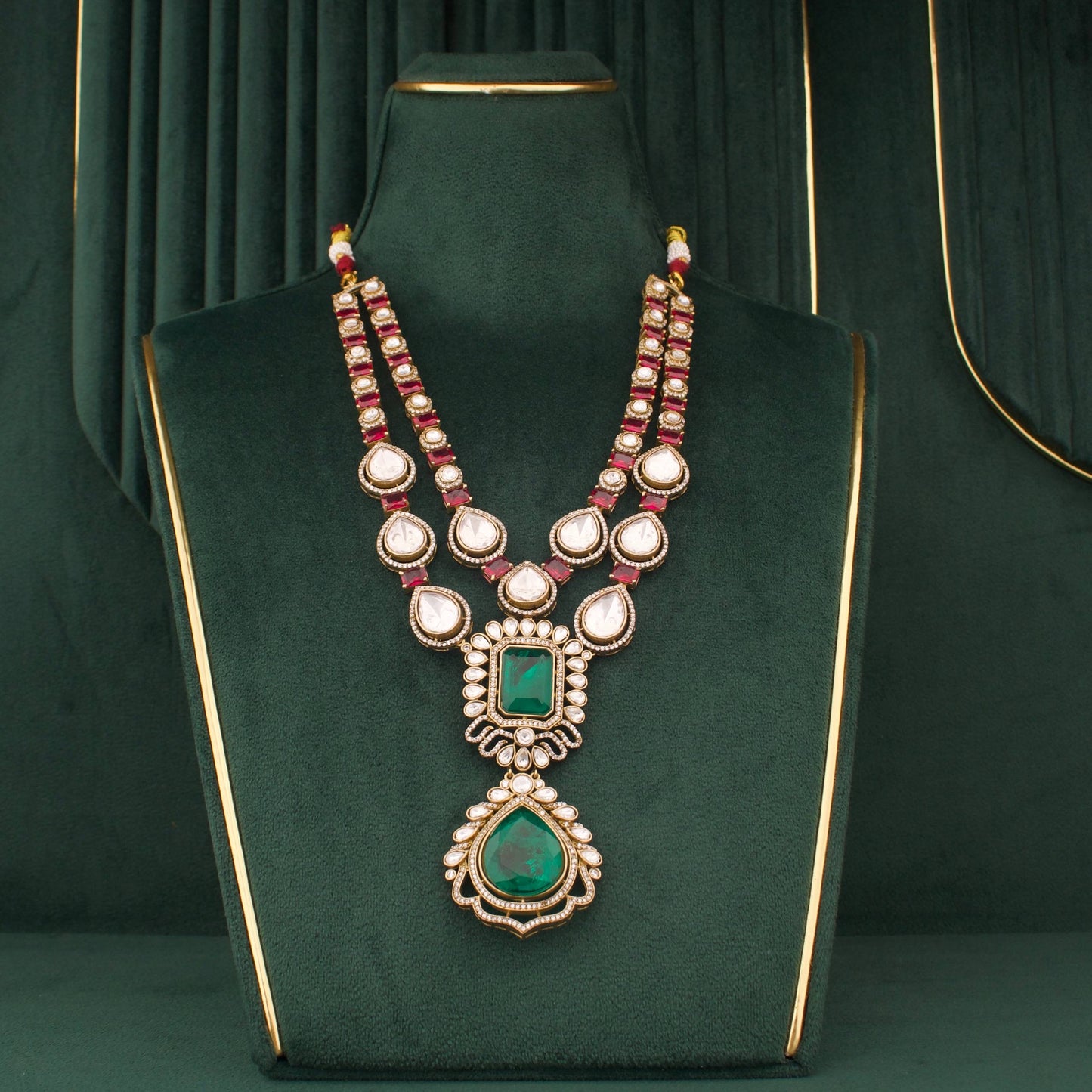 Bridal Victorian Polki Layered Necklace With Matching Earrings