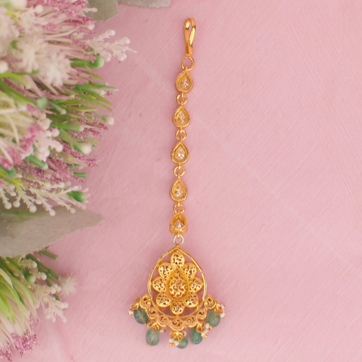 Classic Moissanite Polki Maang Tikka With Green Drops Craftsmanship & Detail View - Dulhan Jewels