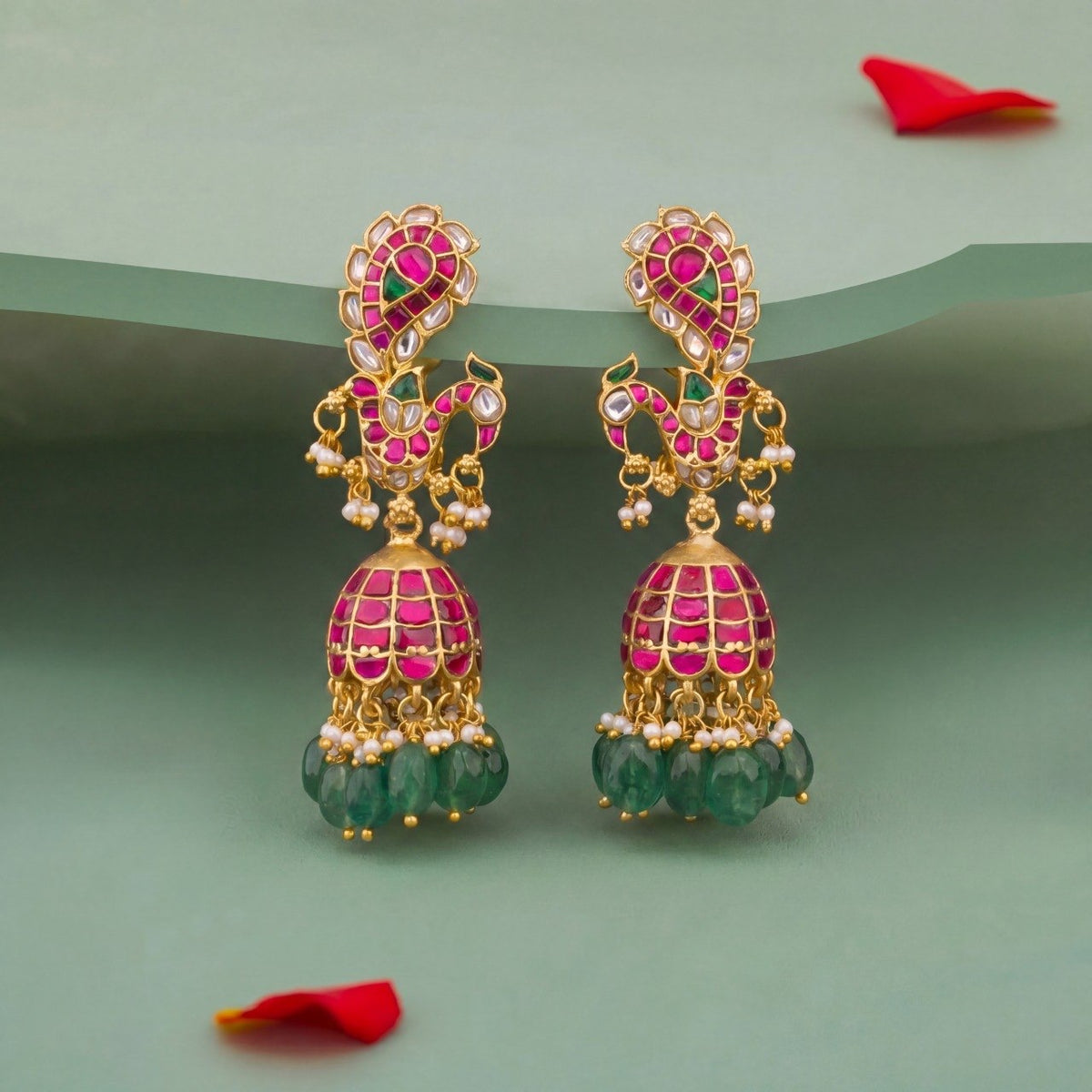 Graceful Jadau Kundan Jhumki Earrings With Emerald Beads