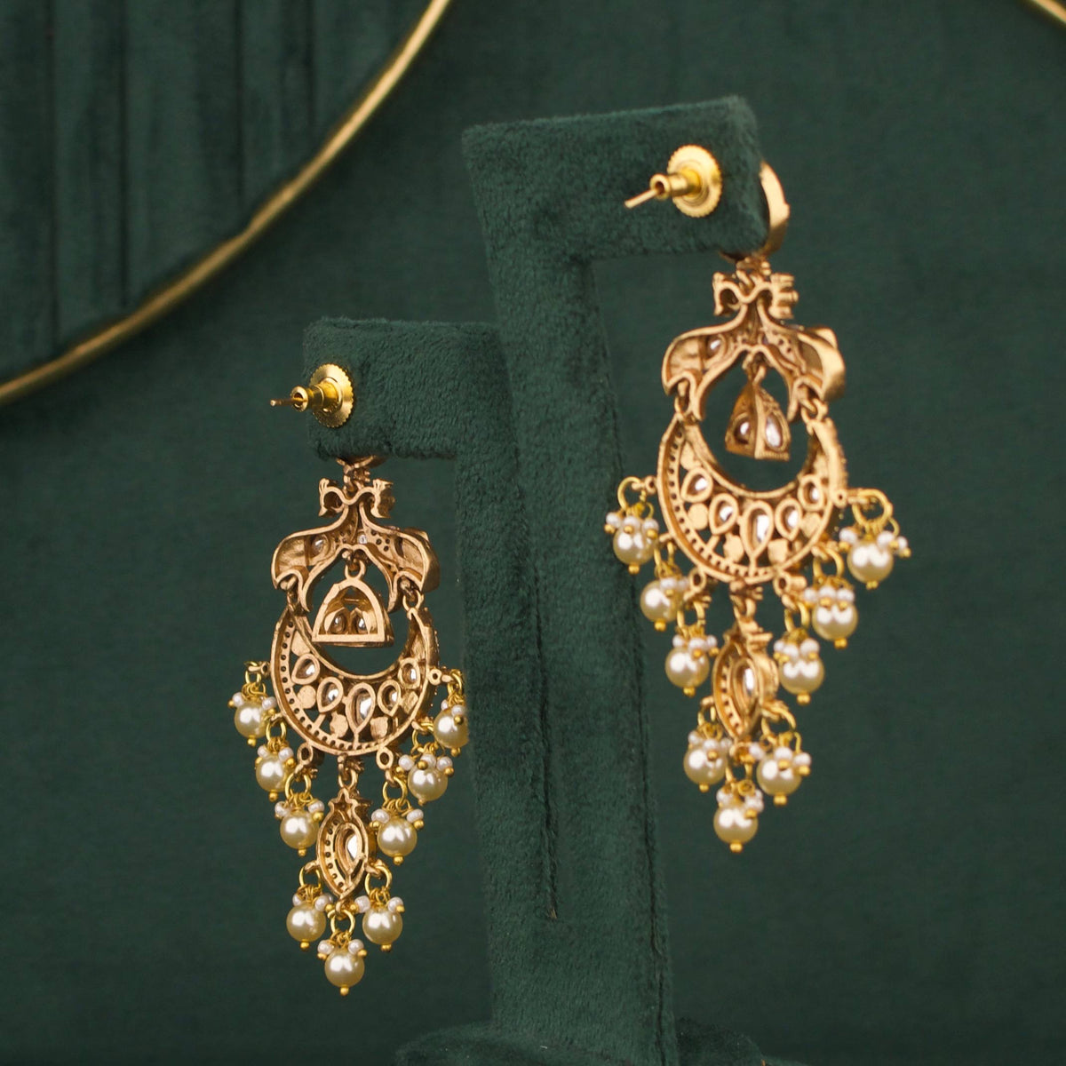 Designer Ruby Victorian Chandbali Earrings With Pearl Drops