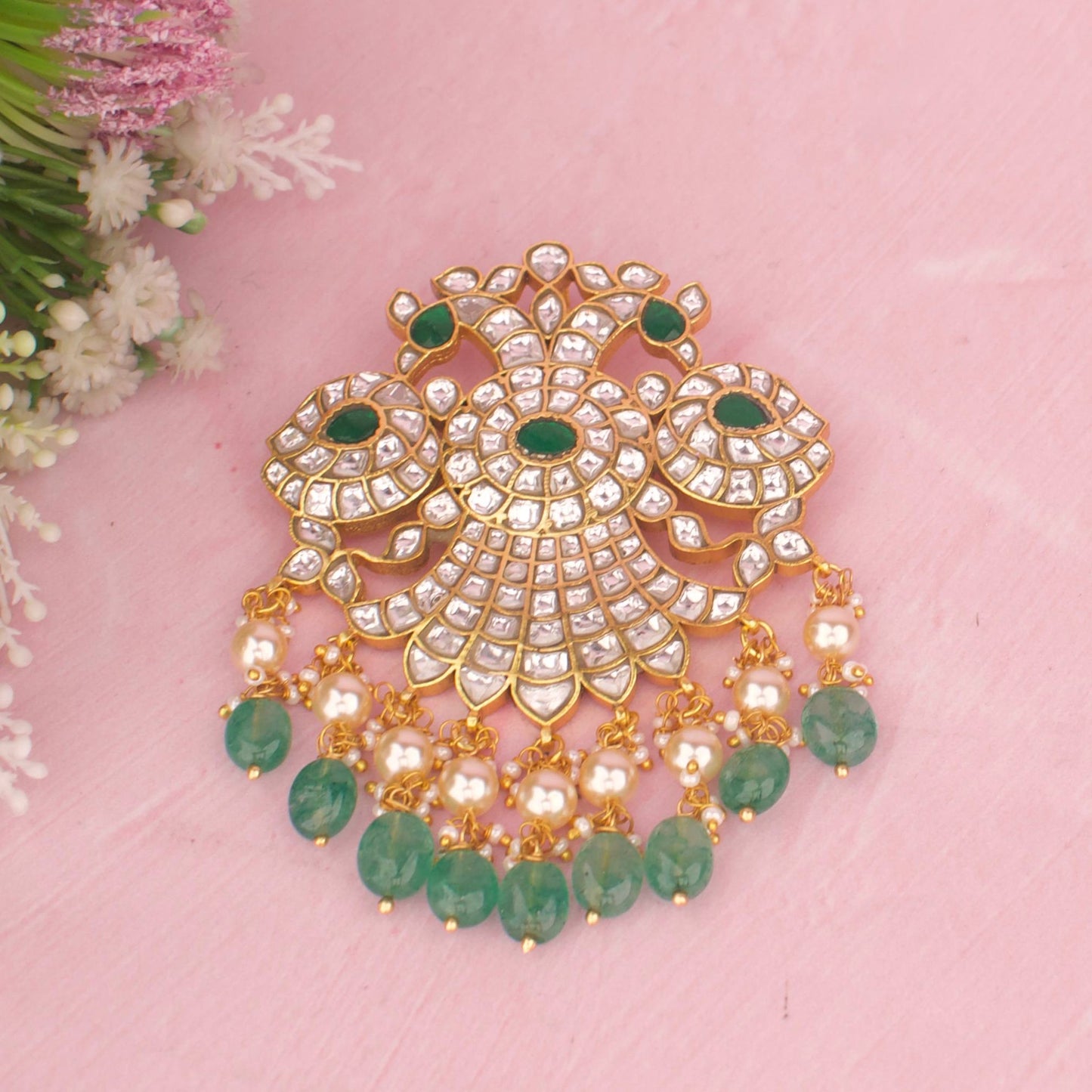 Traditional Jadau Kundan Locket With Emerald Beads