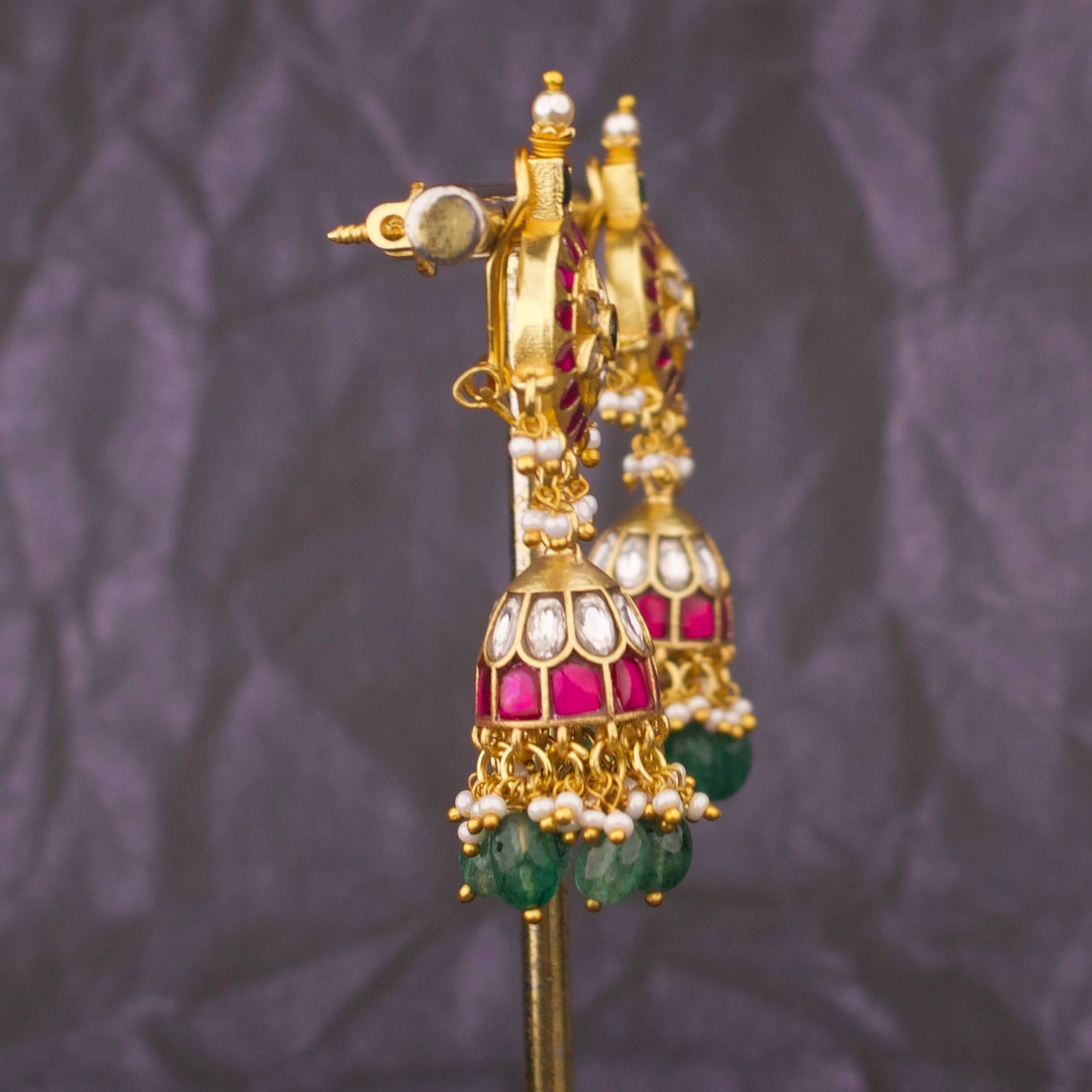 Ethnic Jadau Kundan Jhumki Earrings With Pearl Hangings And Green Beads