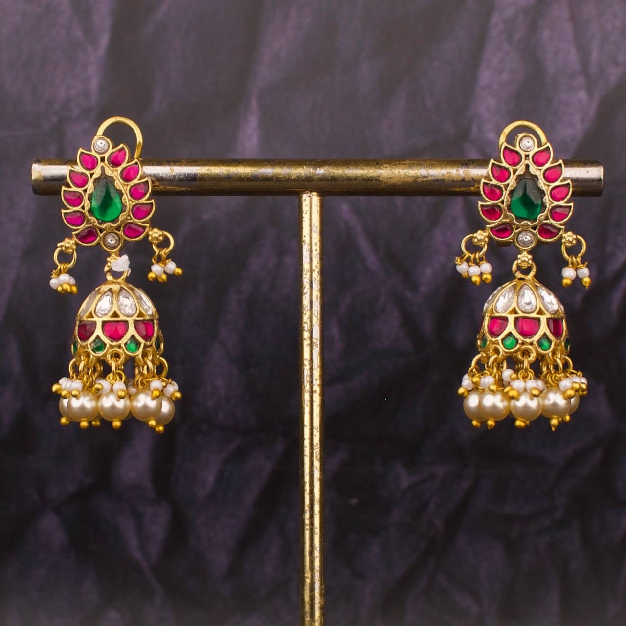 Gold Inspired Jadau Kundan Jhumki Earrings With Swarovski Pearls