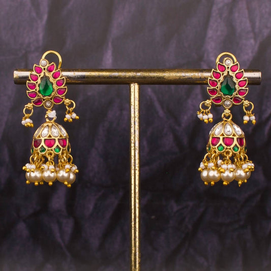 Gold Inspired Jadau Kundan Jhumki Earrings With Swarovski Pearls