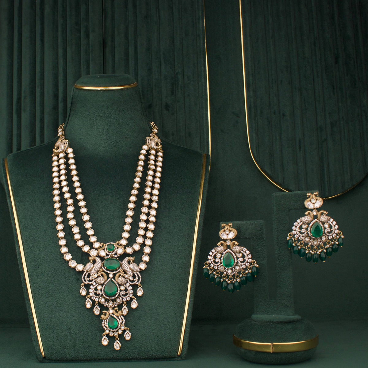 Designer Triple Layer Victorian Polki Necklace With Earrings - Alternate View 1