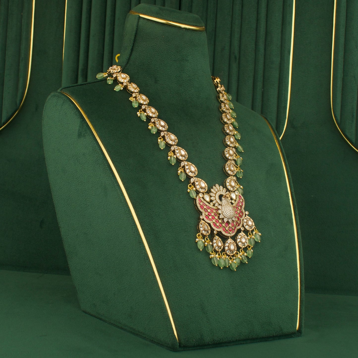 Peacock Design Fusion Kundan & Polki Victorian Necklace Set