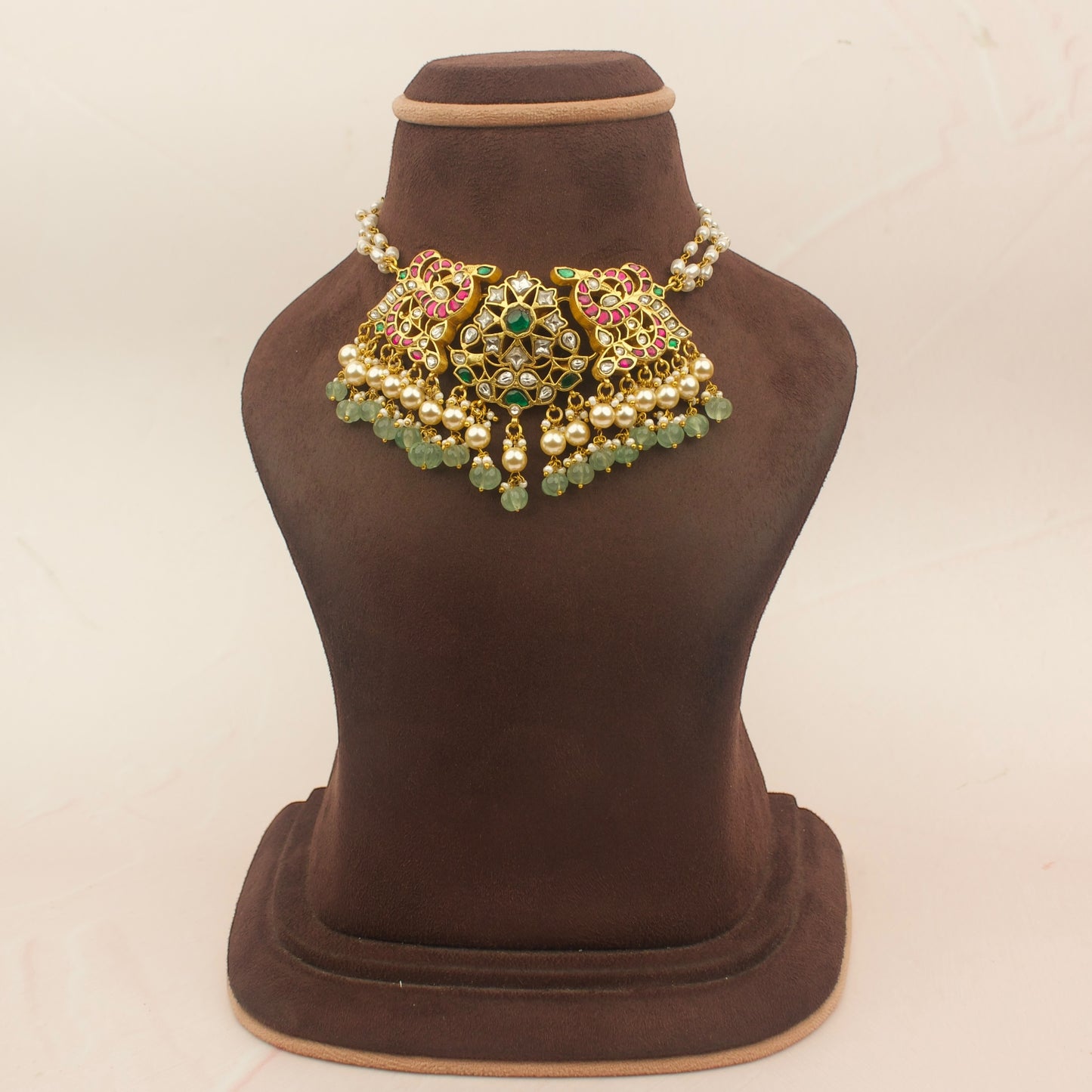 Jadau Kundan Pearl Choker With Green Beads Hanging