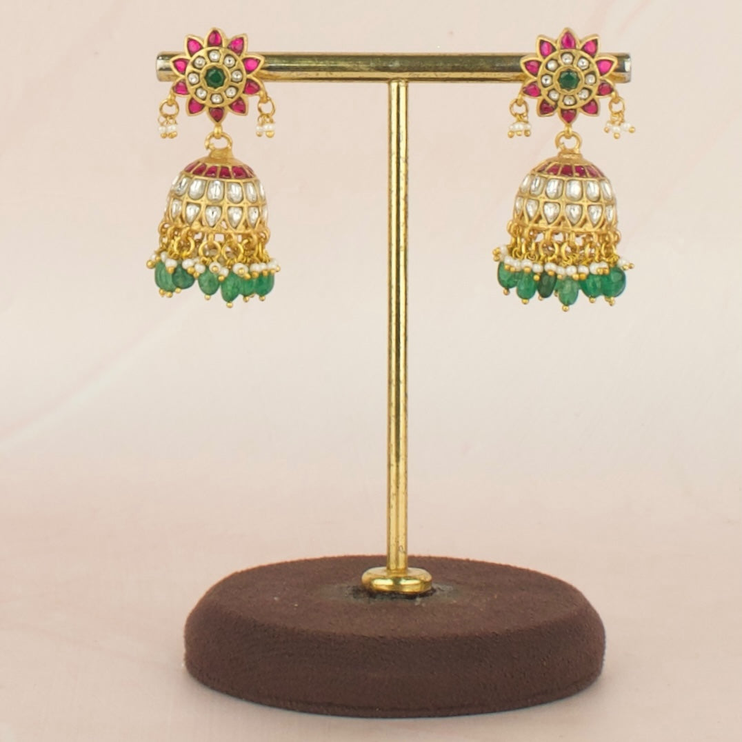 Elegant Floral Studded Jadau Kundan Jhumki with Beads