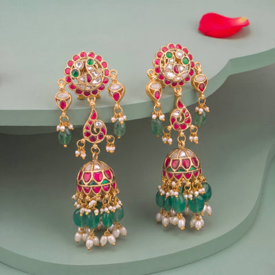 Elegant Jadau Kundan Long Jhumki Earrings With Green Emerald Beads