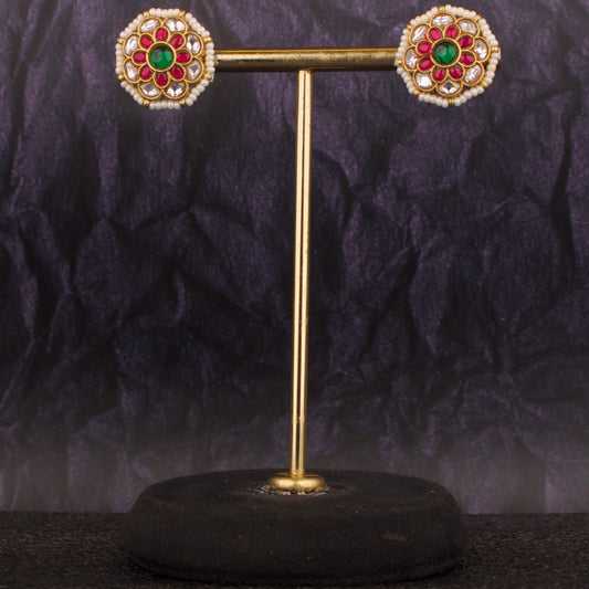 Exquisite Jadau Kundan Flower Design Studs Earrings - DULHAN JEWELS