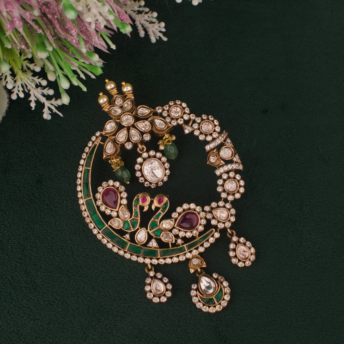 Bridal Peacock Design Fusion Kundan & Polki Victorian Pendant Set Craftsmanship & Detail View - Dulhan Jewels