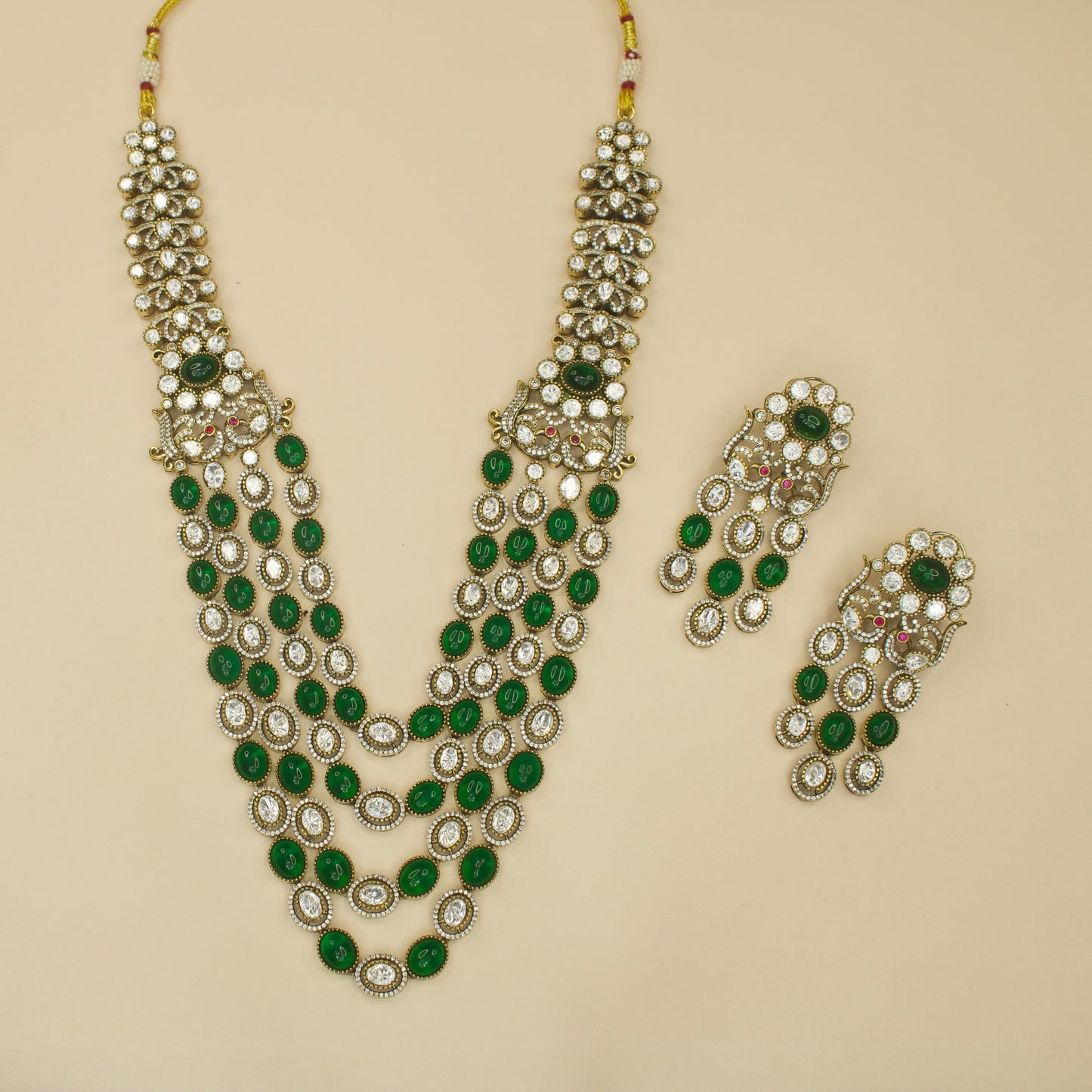 Classic Victorian Layered Necklace Set with peacock motifs, AD stone, & matching earrings. This Victorian Jewellery is available in a Green colour variant. 