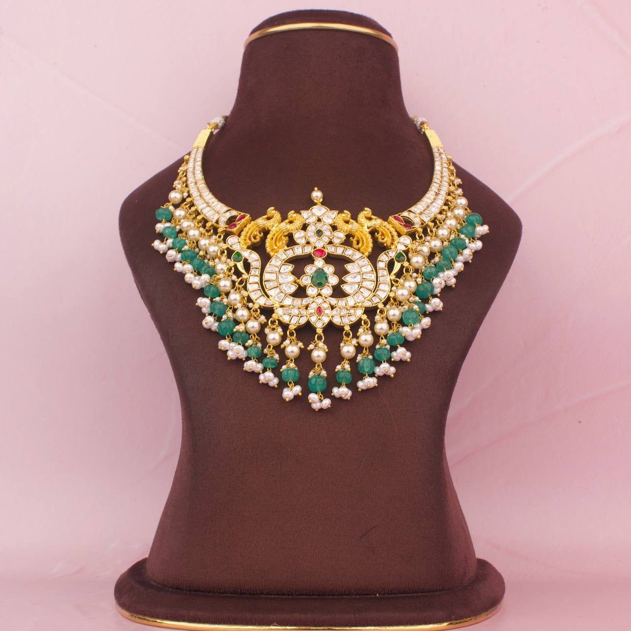 Grand Moissanite Polki Necklace With Pearl & Beads Hanging