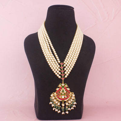 Pearl Mala Necklace With Multicolor Jadau Kundan Pendant