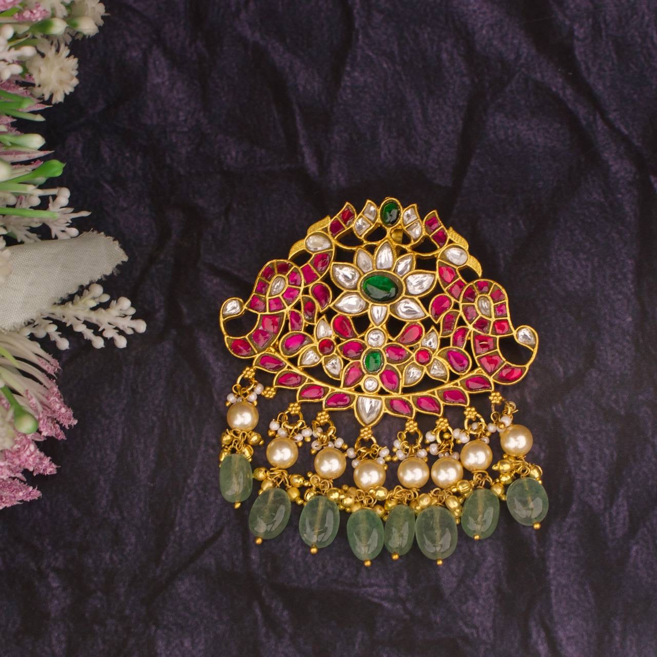 Traditional Floral Peacock Design Jadau Kundan Pendant