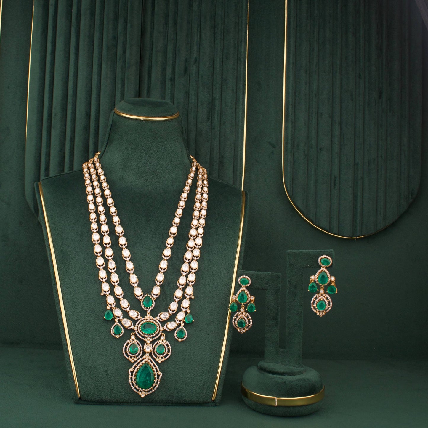 Moissanite Polki Layered Long Necklace With Matching Earrings