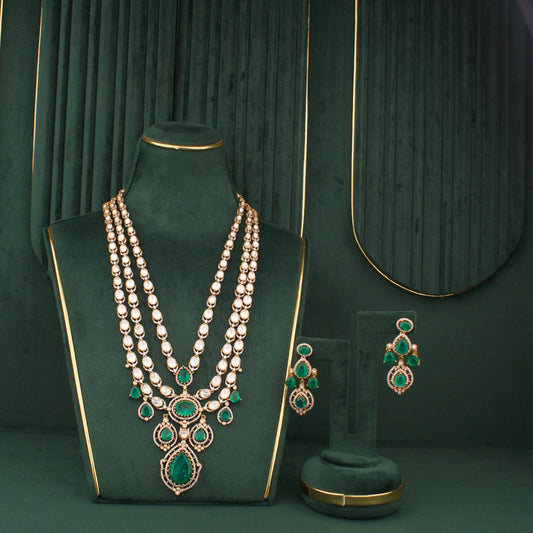 Moissanite Polki Layered Long Necklace With Matching Earrings - Premium Indian Ethnic Jewelry | Dulhan Jewels