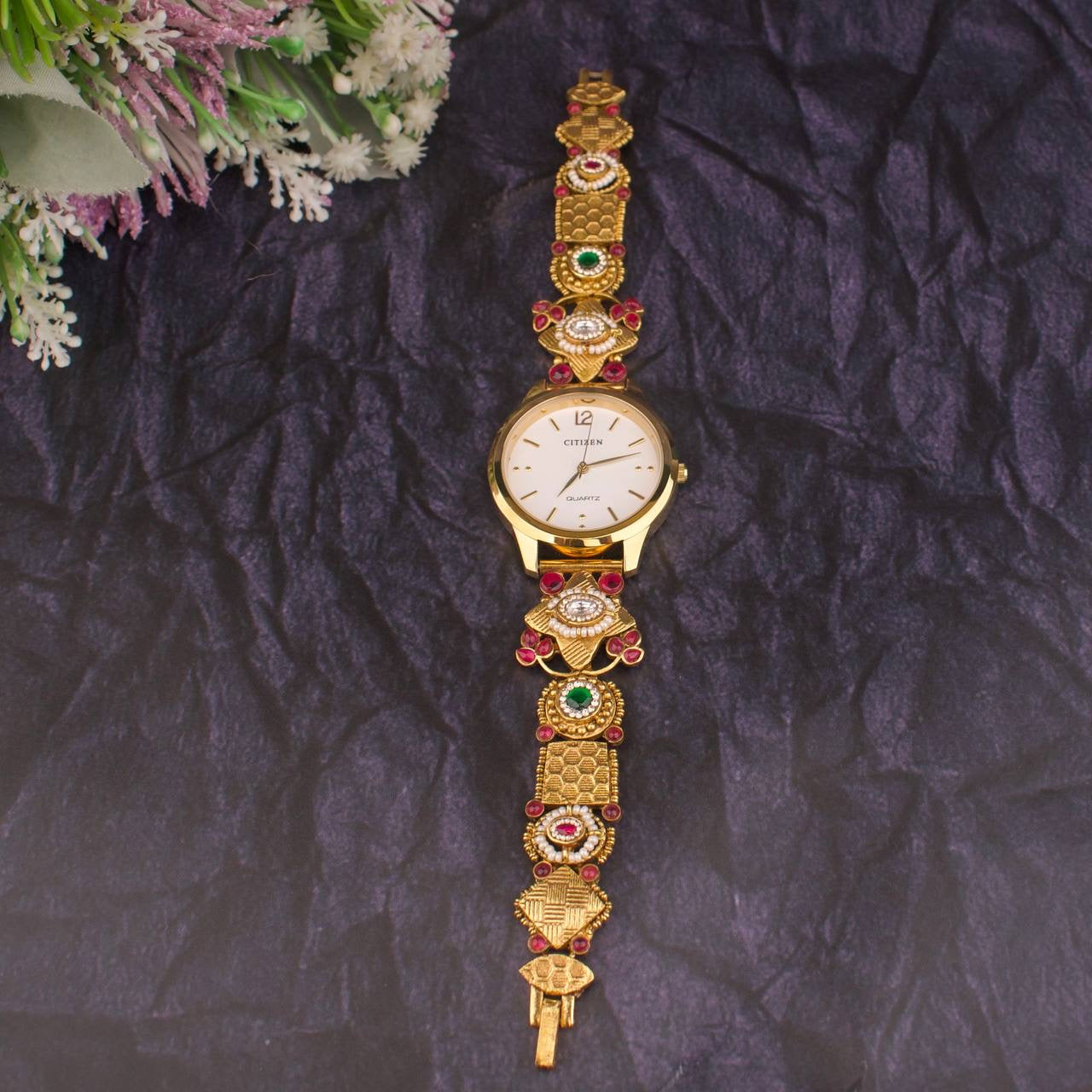 Gold Inspired Jadau Kundan Stone Work Watch For Woman