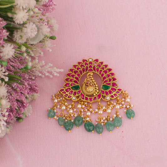 Nakas Kundan Peacock Feather Design Locket With Pearls & Beads Hangings