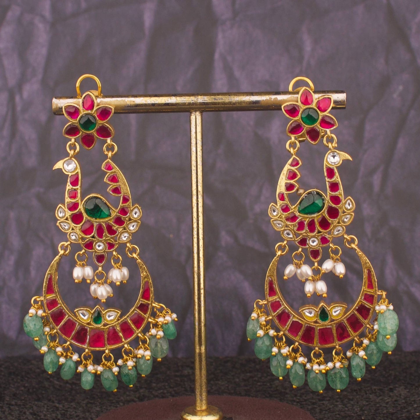 Designer Jadau Kundan Chandbali Earrings With Green Drops