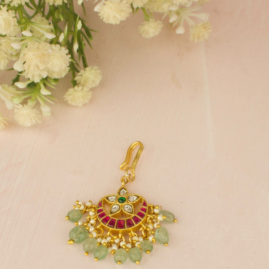 Floral Design Jadau Kundan Short Maang Tikka with Green Beads