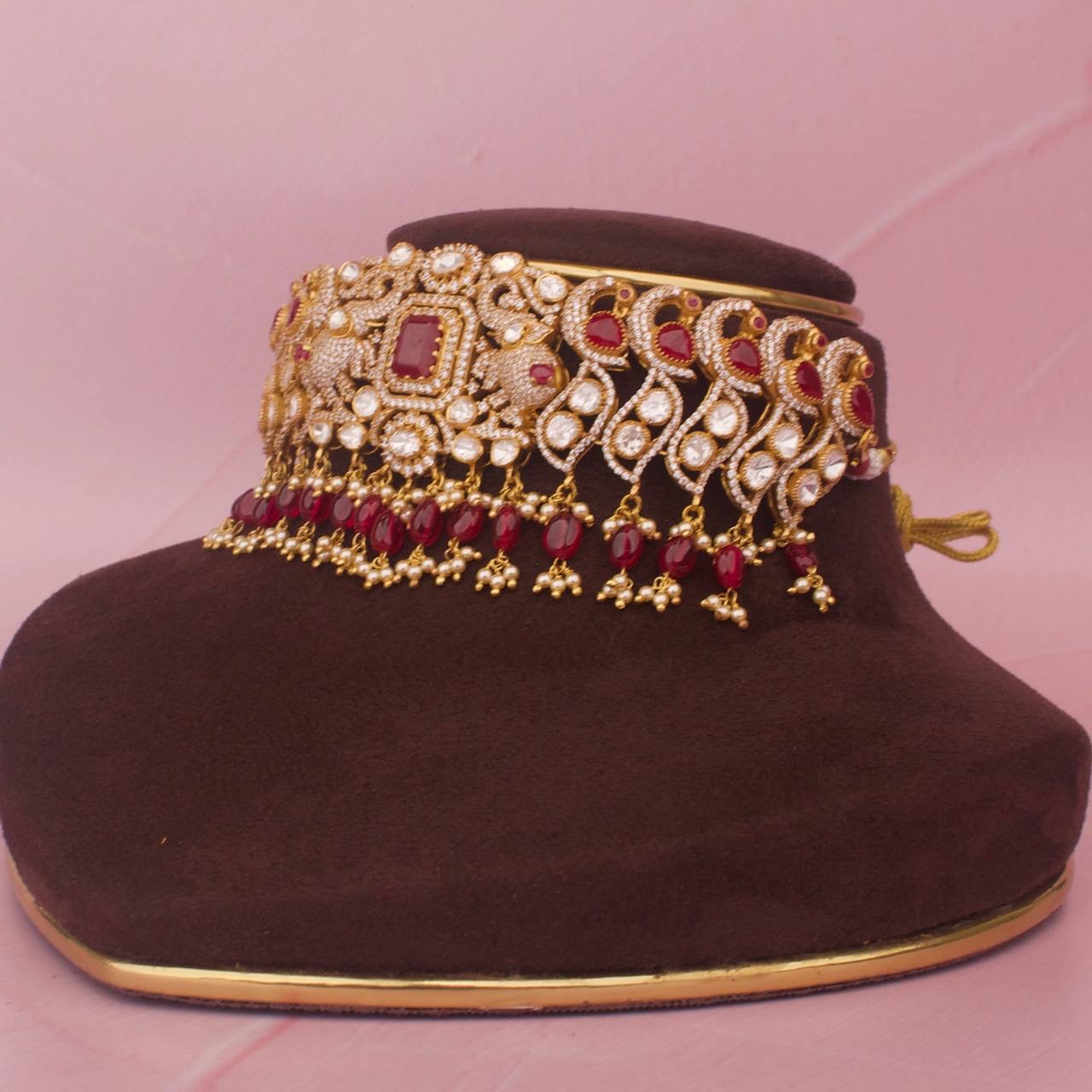 Bridal 925 Silver Polki Choker With Ruby Beads & Pearls Hangings