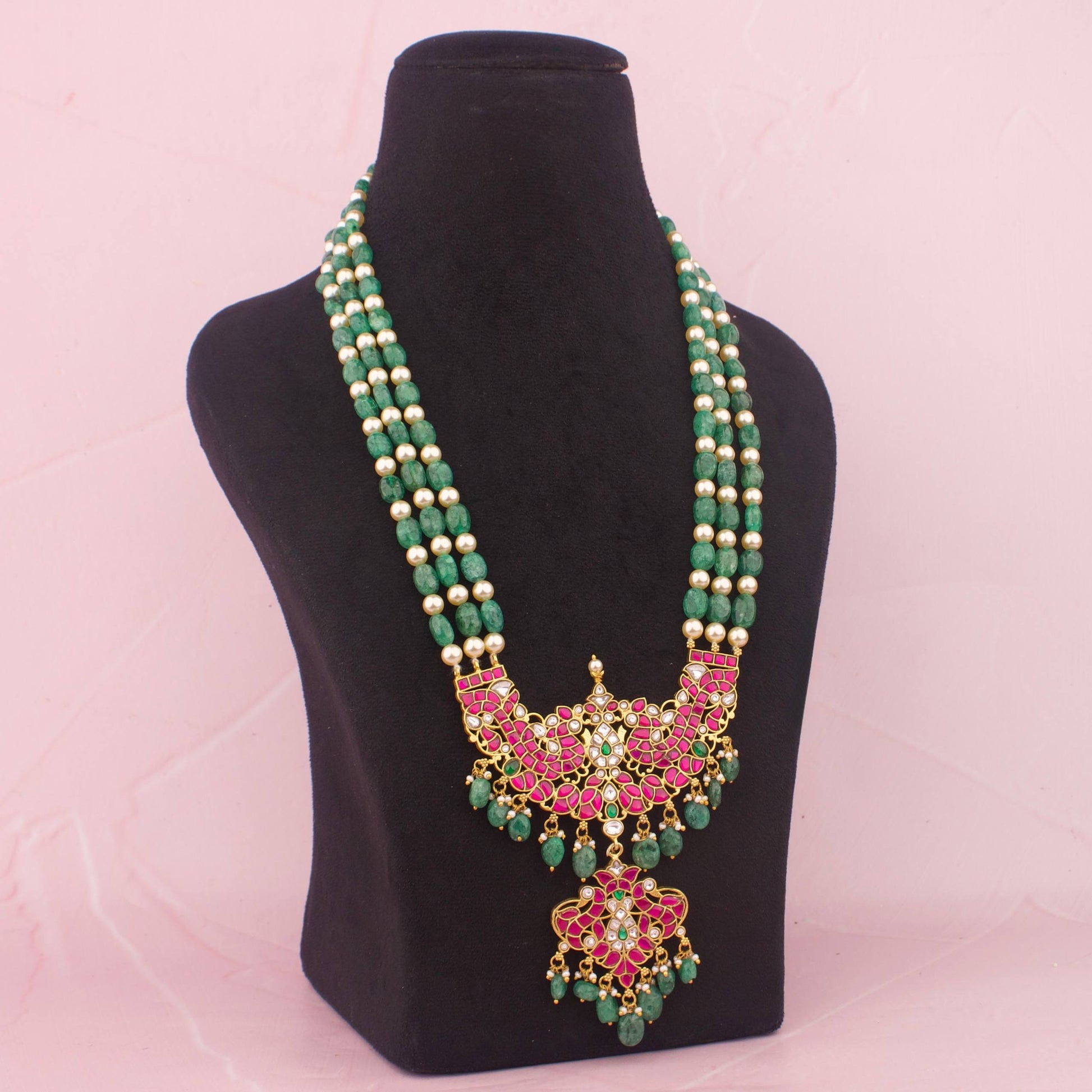 Close-Up Detail View of Royal Jadau Kundan Beads Mala With Pearl & Beads Strings | Dulhan Jewels