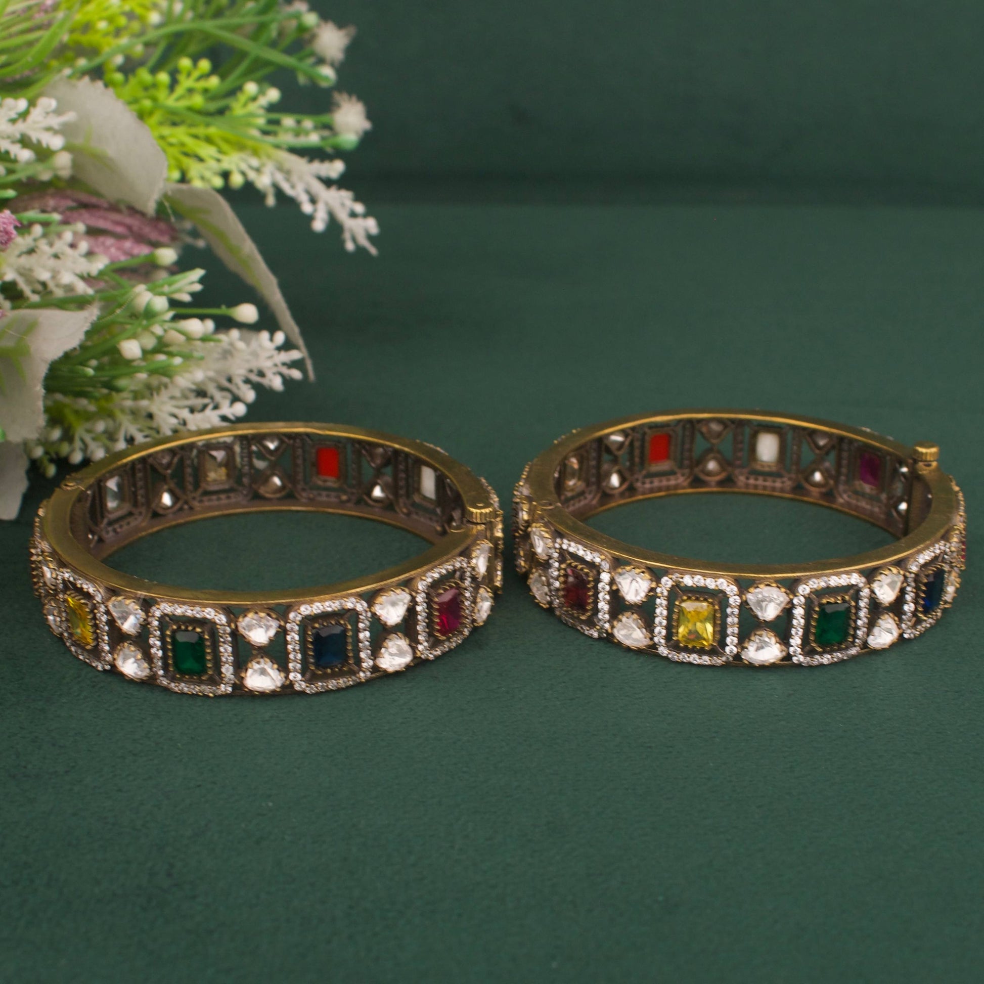 Side Angle & Craftsmanship View of Traditional Victorian Polki Bangles with AD stones in Navaratna colour | Dulhan Jewels