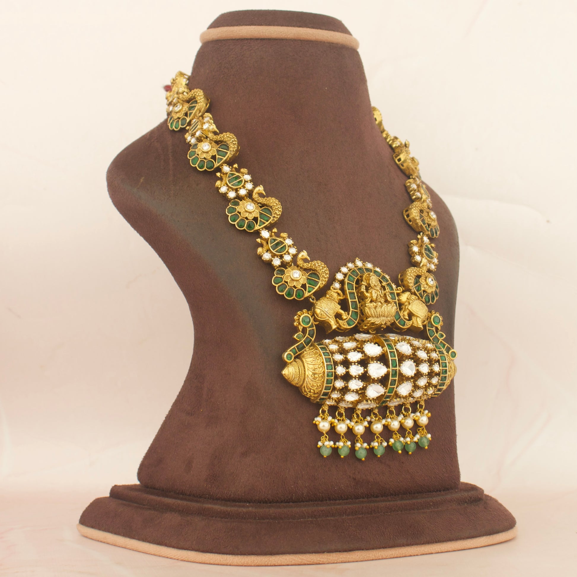 Timeless Divine Laksmi Devi and Elephant Design Jadau Kundan Short Necklace Antique Necklace