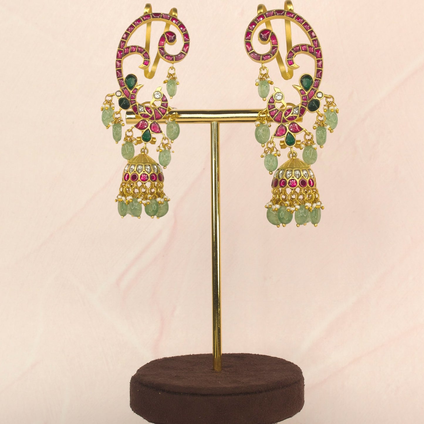 Regal Peacock Earcuff Jadau Kundan Jhumkas with Emerald Beads