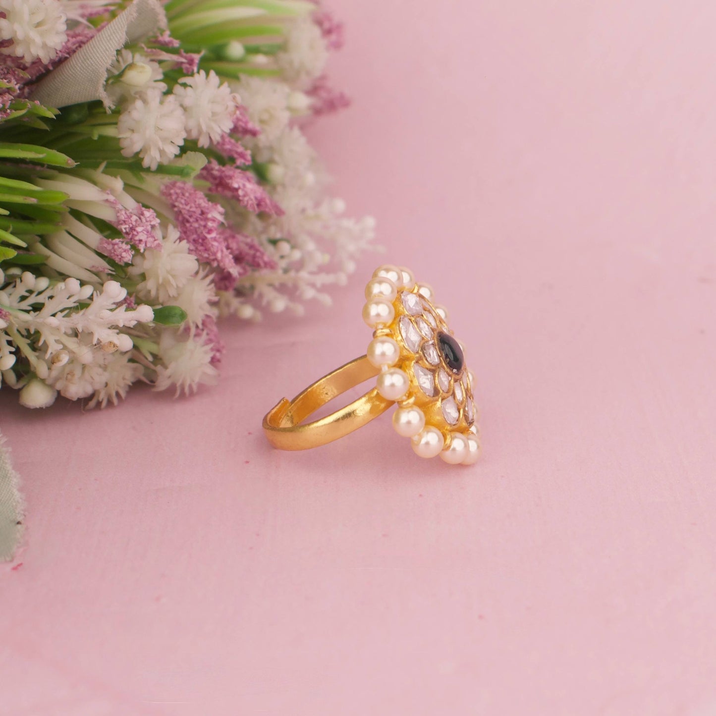Floral Polki Statement Ring With Emerald Center And Pearl Border