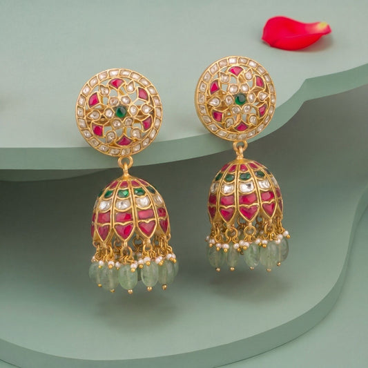 Regal Grandeur Ruby & Emerald Jadau Kundan Jhumka earrings