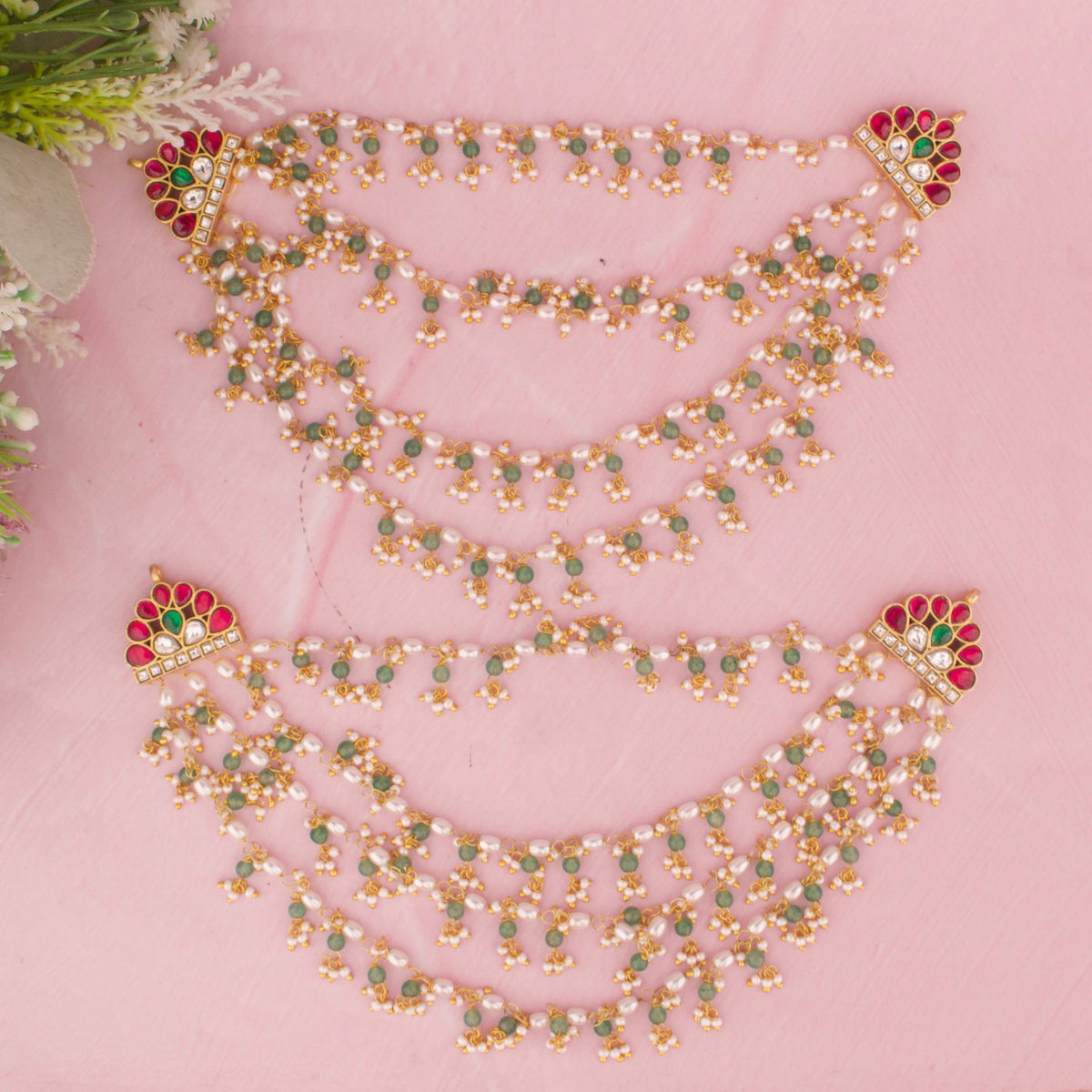 Multi-Strand Green And White Beads Champasaralu