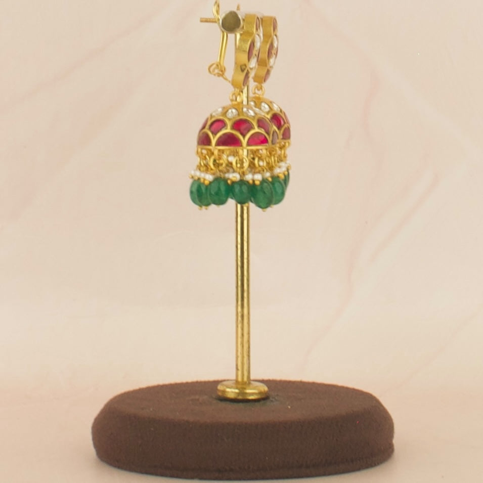 Floral Design Studded Jadau Kundan Jhumki with Green Beads
