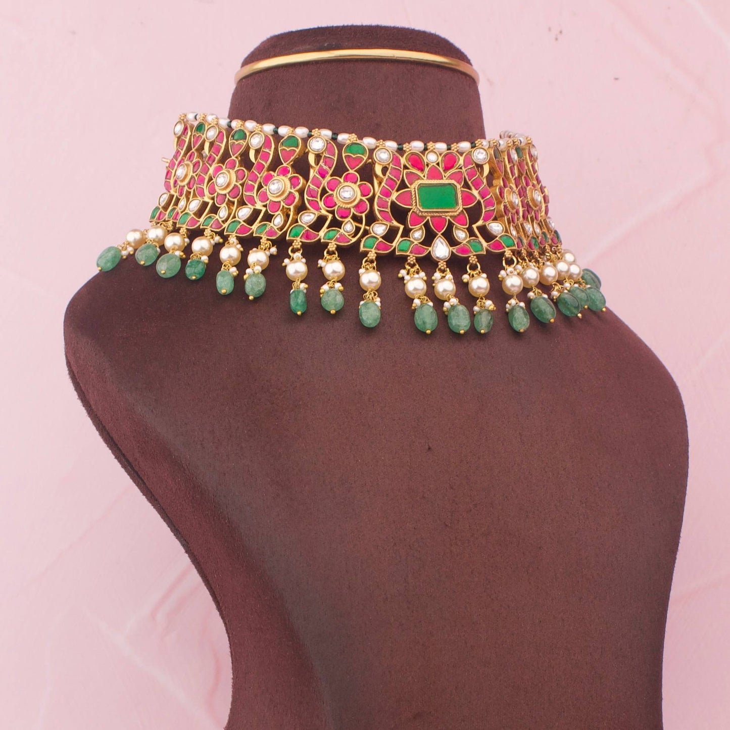 Royal Floral Jadau Kundan Choker with Emerald Center And Pearl Drops