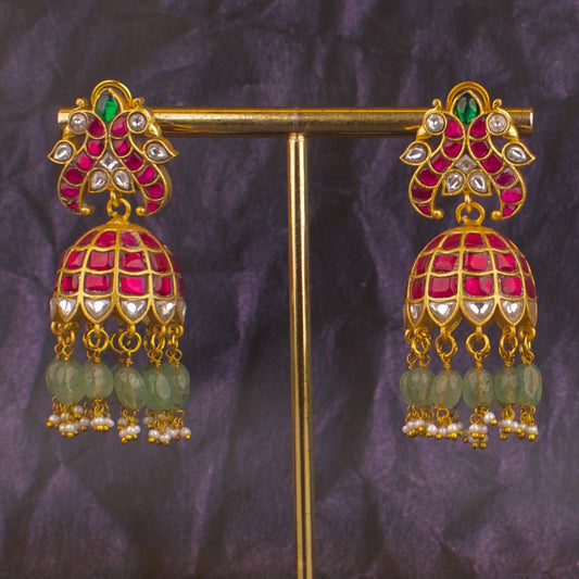 Luxury Jadau Kundan Jhumki With  Green Beads Hangings