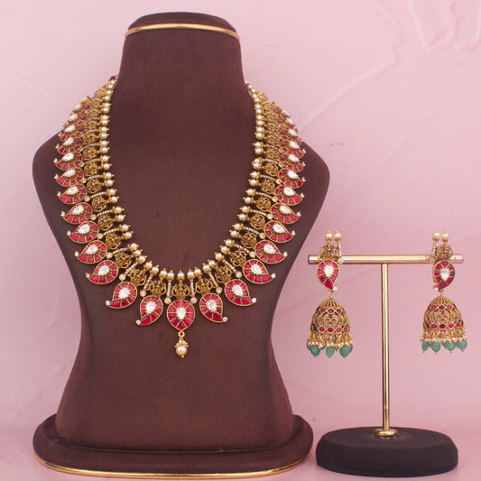 Antique Gold Jadau Kundan Mango Necklace With Matching Jhumki