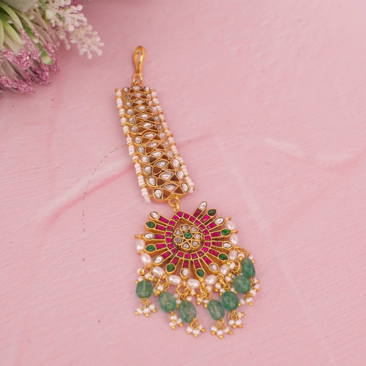 Side view of premium gold Jadau Kundan Guttapusalu Hanging Maangtika showcasing handcrafted