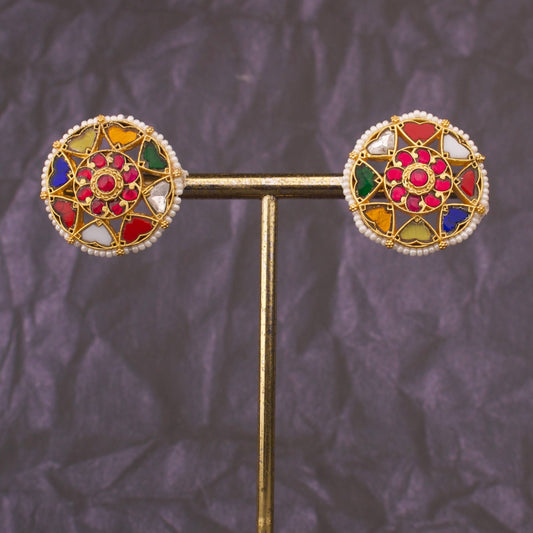 Gold Look Jadau Kundan Navratna Studs