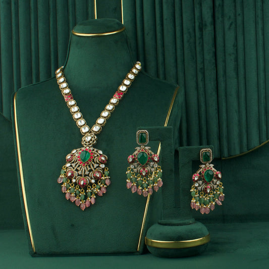 Victorian Finish Fusion Polki Necklace With Earrings